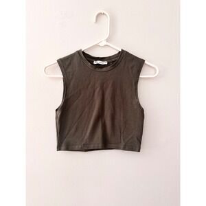 Zara Womens Olive Green Cropped Muscle Tank Top Sleeveless Crew Neck Small